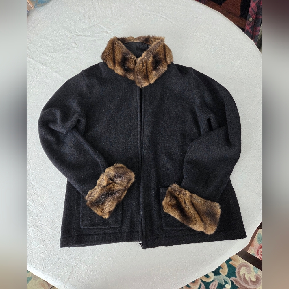 Talbots Vintage Black Cashmere Wool Blend Cardigan with Faux Fur Trim